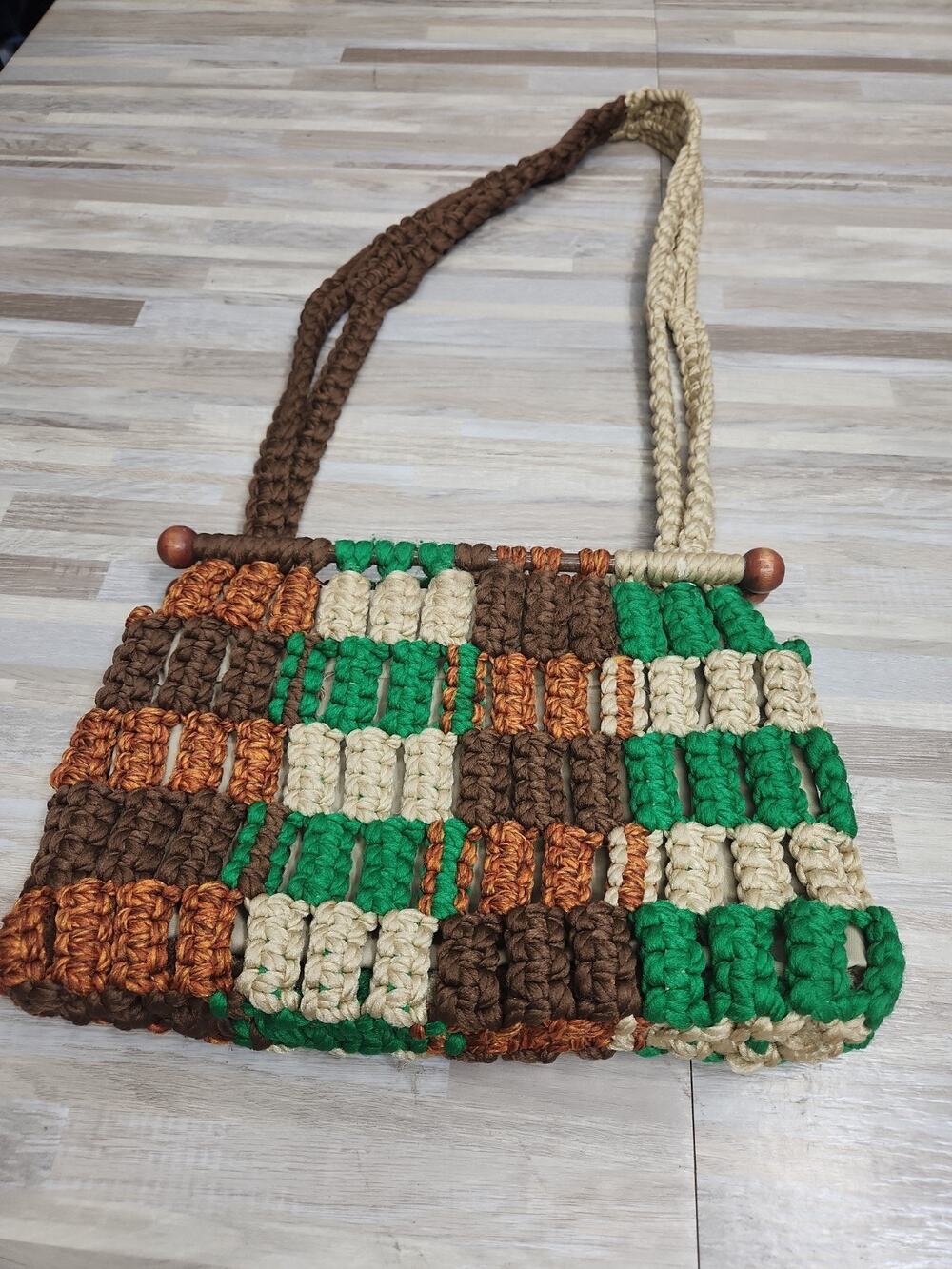 Vintage Crochet Macrame handle purse handbag Gingham lining Boho